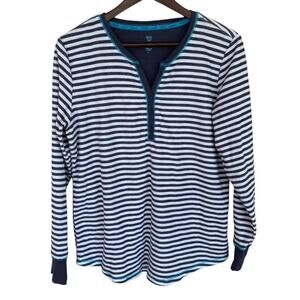 Betsey Johnson Gray and White Striped Henley V-Neck Long Sleeve Top - Large